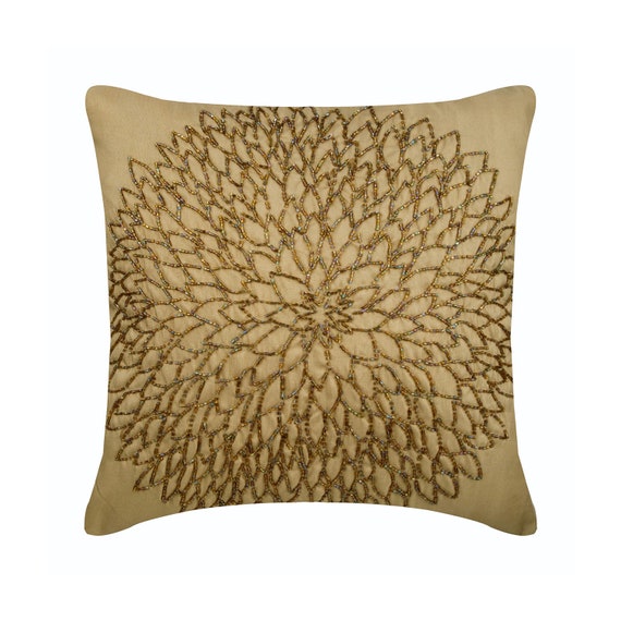 Gold Blossomings 35x35 cm Square Decorative Throw Gold Silk Cushion Covers with Bead Embroidery