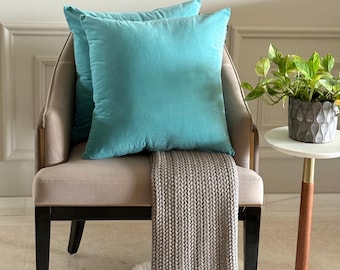 Pack of 2 Aqua Green Velvet Pillow Covers, Square Throw Pillow Covers, Solid Cushion Covers, Plain Velvet Pillow Cases - Aqua Velvet