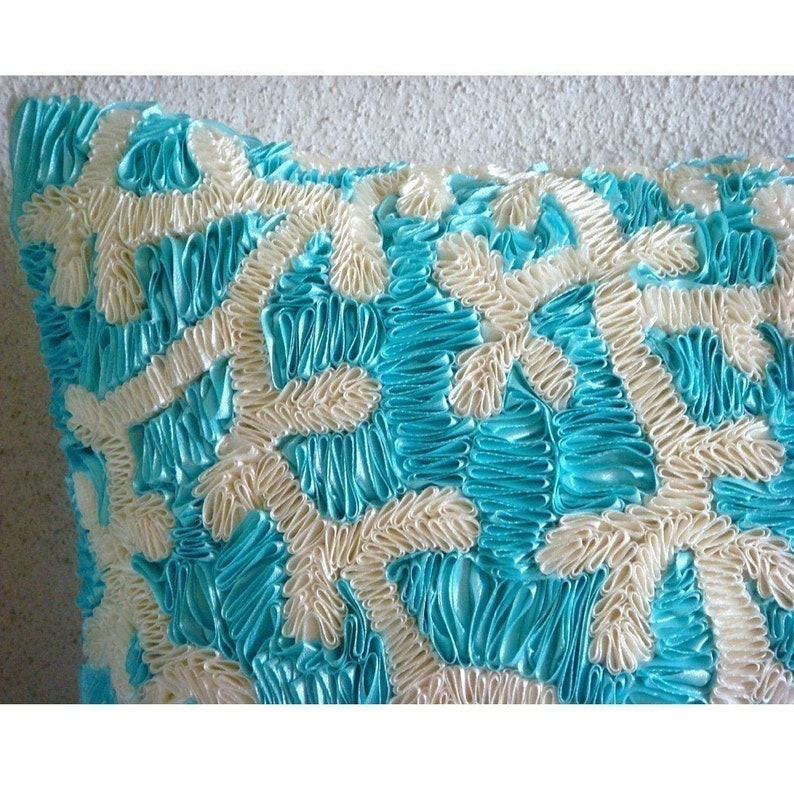 16x16 Handmade Aqua Blue Sofa Cushion Cover, Art Silk Throw Pillow Cover Corals Throw Pillow Case Sea Creatures Beach Aqua Ornate image 4