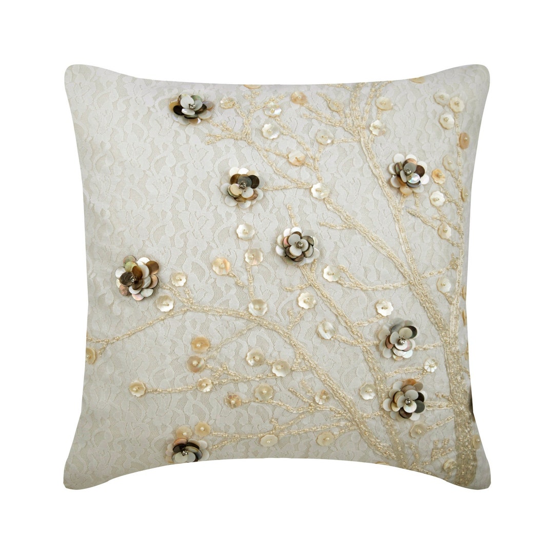 Decorative Ivory Sofa Throw Large 24x24/26x26, Silk Euro Sham Floral