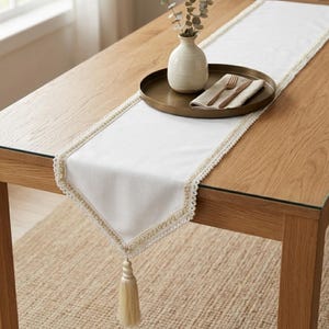 Ivory Textured Jute, Pearl Embroidered with Tassels Solid Pattern, Contemporary Table Runner - Pearl Radiance