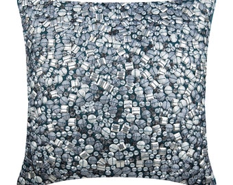 Handmade Bling Toss Cushion 16"x16", Art Silk Toss Throw Pillow Teal Blue Throw Pillow Abstract Modern Style - Antique Silver Treasure