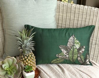 Tropical Lumbar Pillow Cover 12x16 Silk Sequin Embroidered