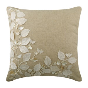 Decorative Beige Cushion Case 16x16, Cotton Linen Pillow Cushion Throw Pillow Cover Nature Floral Contemporary Style Linen Beauty image 2