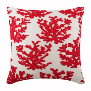 Cotton Linen Red Throw Pillow Custom 16"x16", Designer Sofa Throw Corals, Sea Weeds Couch Cushion Cover Sea Creatures Beach - Red Corals