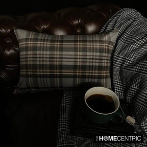May include: A plaid throw pillow with a brown, beige, and gray pattern sits on a brown leather couch. A cup of tea sits on a black coaster with the text "THE HOMECENTRIC" on it.