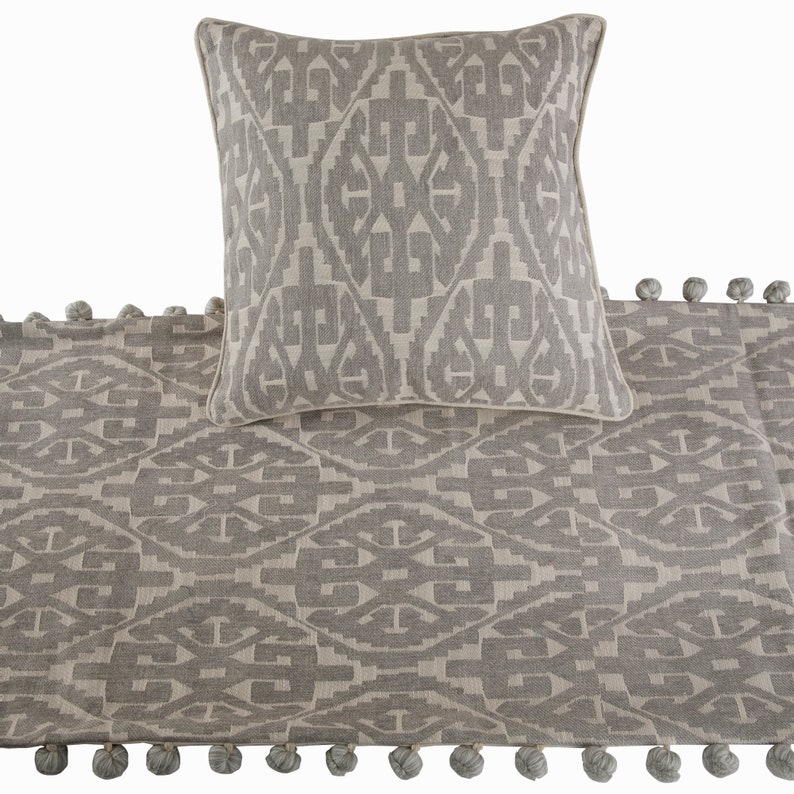 Grey Aztec King Queen Twin Grey Bed Runner with Decorative Throw Pillow Cover Modern Contemporary Cotton Aztec Pattern with Tassels