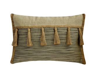 Decorative Oblong Cushion / Lumbar Pillow Cover Jacquard Jute Texture Fabric with Lace & Tassels Contemporary Home Style - Jute Synergy