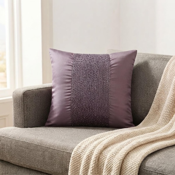 Purple Art Silk, Beaded Solid Color Pattern, Modern Throw Pillow Cover & Euro Sham - Violet Center