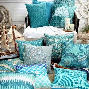 Oceanic Sparkle Pillow Covers | Ribbon Embroidery, Sequin & Bead Accents Handmade, Coastal, Beach and Seaside Home Decor