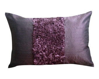Decorative Oblong / Lumbar Rectangle Throw Pillow Covers Accent Pillow Couch Bed Toss 12x16 Plum Silk Pillows Ribbon Embroidered - Plum Love