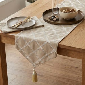 Beige Jacquard, Embroidered Floral Pattern with Tassels, Contemporary Table Runner - Marlowe Beige