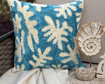 Blue Art Silk 16x16 Ribbon Embroidered Sea Creature Pattern Beach Style Throw Pillow Cover - Aquamarine Corals
