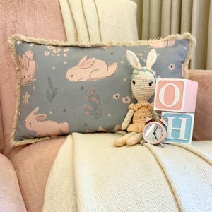 Powder Blue Rabbit Print Cotton Lumbar Pillow Cover, Shaggy Laced Animal Theme Kids/Nursery Room Decor Oblong Cushion Cover - Bunny Hops