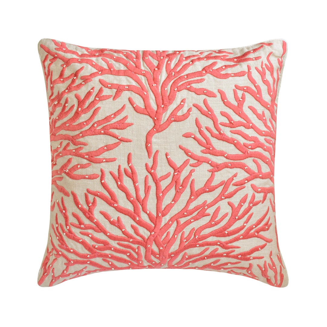 Decorative Pillow Cover 16x16 Inch Beige Linen With Coral Embroidery