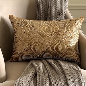 Gold Art Silk, Sequin Embellished Circle & Dots Pattern, Modern Lumbar Pillow Cover - All Eyes On Gold