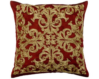 Decorative Silk Cushion 16"x 16", Throw Pillow Red Silk with Gold Zardozi Embroidered Pillow Cover Classical Home Decor - Admirable