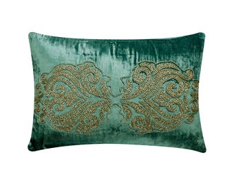 Decorative Oblong / Lumbar Throw Pillow Covers Teal Velvet Pillow Couch Sofa Pillow Case 12 x 16 Beaded Damask Pillow - Enchanted Damask