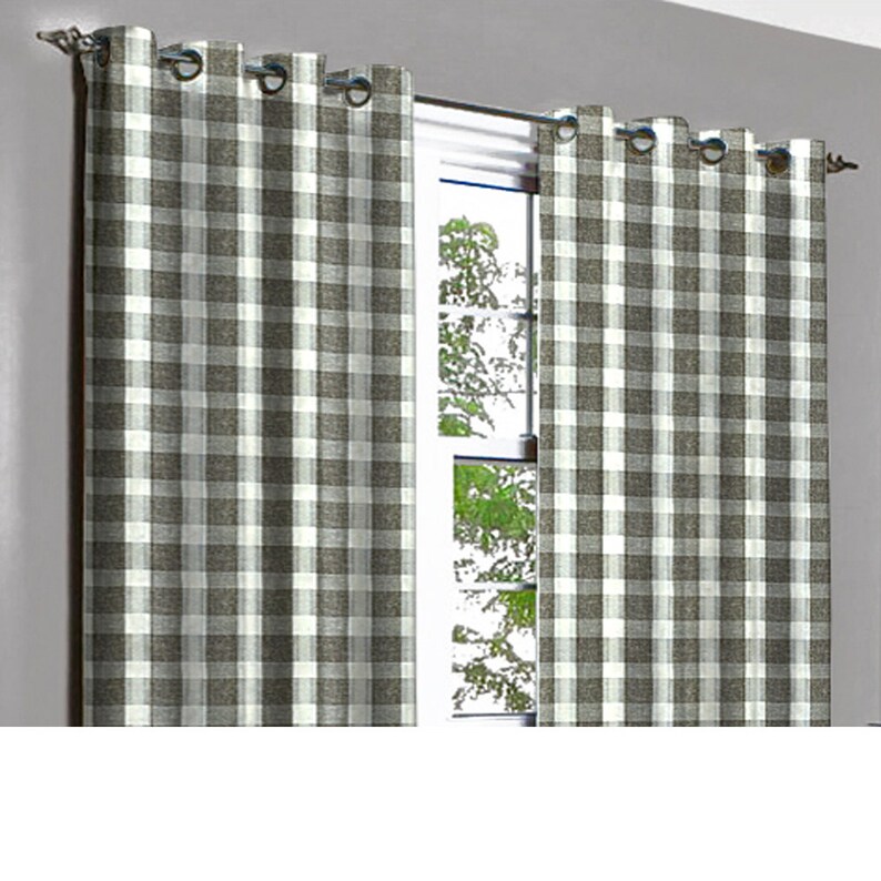 Vintage Linen Brown Plaid Grommet Blackout Lined Curtain Textured Jacquard Weave Fabric Housewares Window Treatment Drapes Curtain Panels
