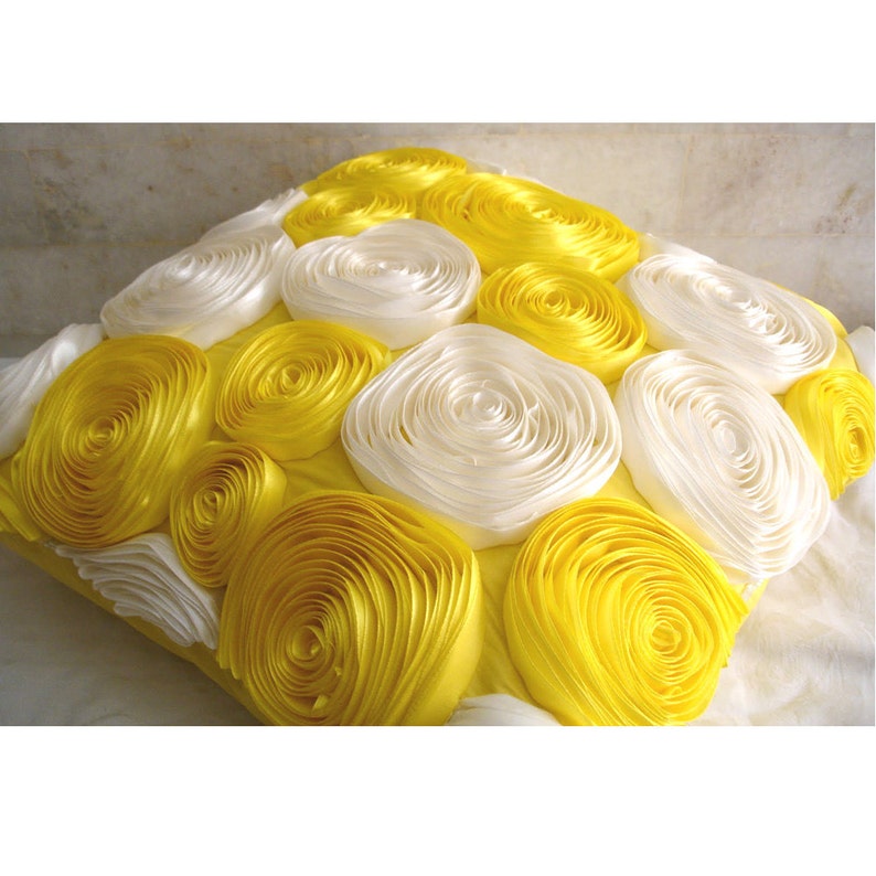 Sunny Yellow Blooms Euro Sham Cover Accent Pillow Decorative Pillow Throw Pillow 24x24 Inch Yellow Silk Pillow Sham Satin Ribbon Embroidery