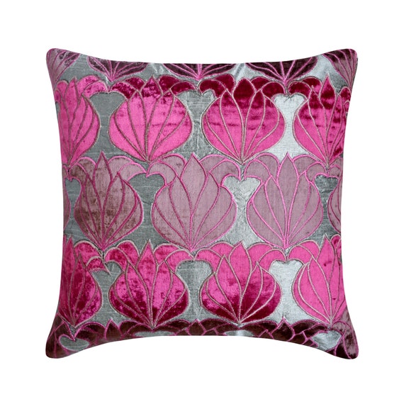 Funda de cojin Art Deco de disenador Lotus 16.0 x 16.0 in funda de cojin de sofa de seda artistica funda de almohada rosa flor natural loto fucsia Etsy Espana