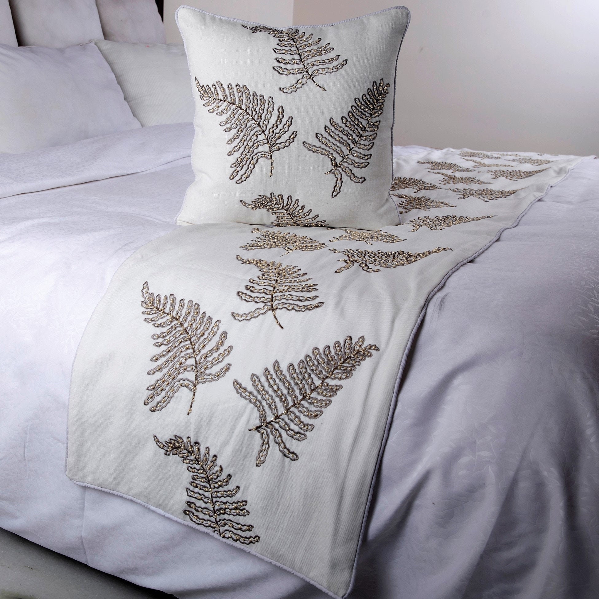 Buy King / Queen / Twin White Bed Runner With Decorative Throw Pillow  Cover, Cotton Fern Embroidery Pearls, Modern Contemporary Fern Blossom  Online in India 