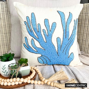 16&quot;x16&quot; Decorative Aqua Blue Toss Throw Pillow, Cotton Linen Cushions Coral Pillow for Sofa Sea Creatures Beach Style - Coral Treasure