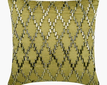 Designer Lattice, Trellis Sage Green Bed Pillow 24"x24"/26"x26", Velvet Couch Pillow Euro Sham Cover Geometric Modern - Rhinestone Jaal