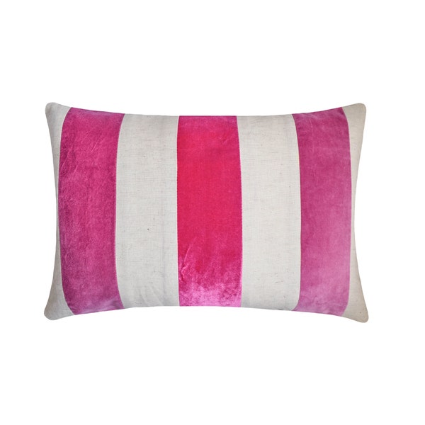 Decorative Oblong / Lumbar Throw Pillow Cover Light And Fuchsia Pink Velvet / Linen Broad Stripe Patchwork Pillow Modern Decor - Swathe Pink