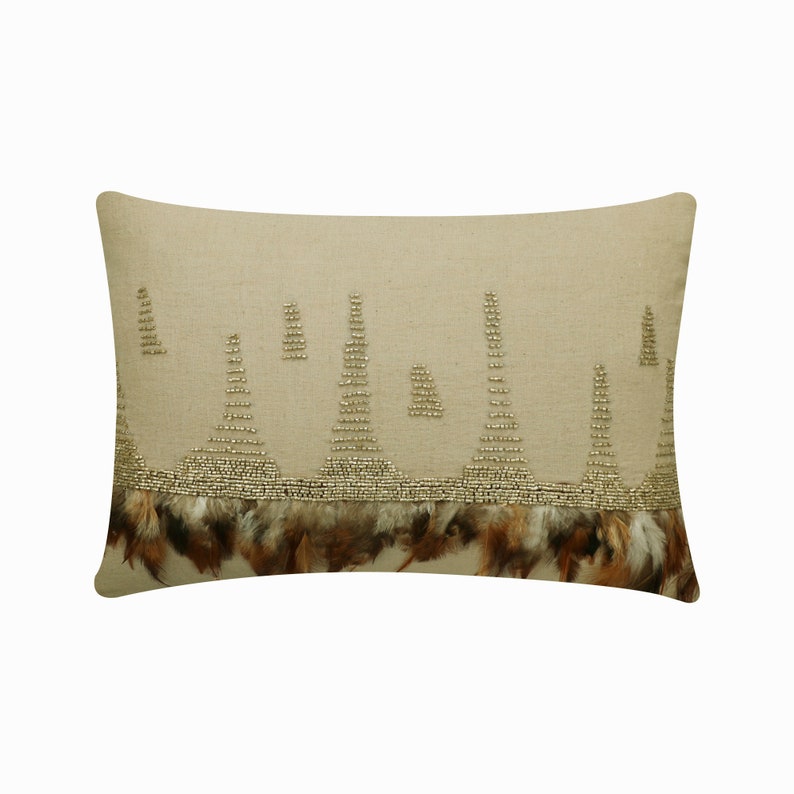 The Feather Collection Pillow Covers, Decorative Throw Pillow Cover, Bird Feather, Bead, Crystal, Velvet, Faux Leather Pillows, Table Runner Feather Beads