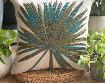 Beige and Green Shades Beaded Embroidered Decorative Throw Pillow Cover, 16&quot;x16&quot; Modern Style Tropical Pattern Couch Cushion Cover -Arboreal