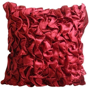 Satin Ruby Red Toss Cushion 16x16, Designer Toss Throw Pillow Ruffles Throw Pillow Solid Color Pattern Modern Style Vintage Rubys image 1