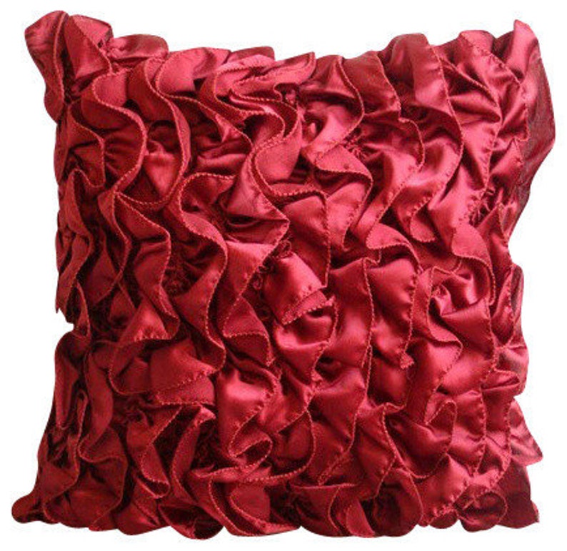 Satin Ruby Red Toss Cushion 16x16, Designer Toss Throw Pillow Ruffles Throw Pillow Solid Color Pattern Modern Style Vintage Rubys image 1