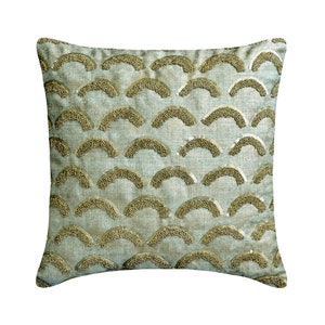 Decorative Pillow Cover 16x16 Blue with Silver Foil Textured Jacquard Throw Pillow Cover with Bead Embroidery Modern Cushion Cover - Erdene