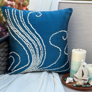 Blue Art Silk Abstract Pattern Throw Pillow Cover, 16"x16" Contemporary Style Cushion Cover, Square Pillowcase - Undersea Magic
