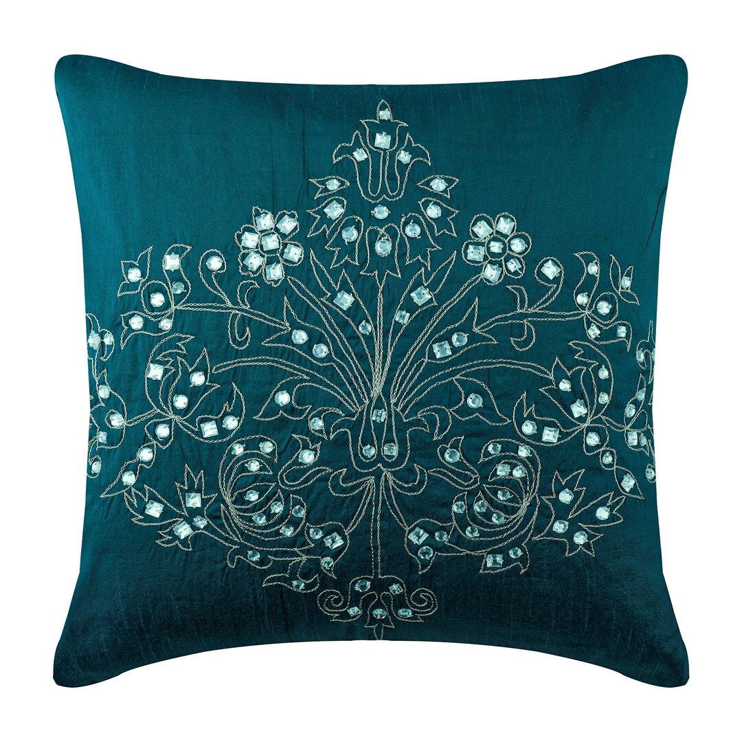 Decorative Teal Blue Euro Pillow Cover 24x24 / 26x26, Art Silk Pillow Case Euro Sham Damask
