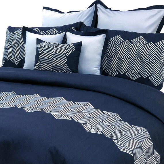 Queen King Duvet Cover Set In Navy Blue Cotton Fabric With Etsy
