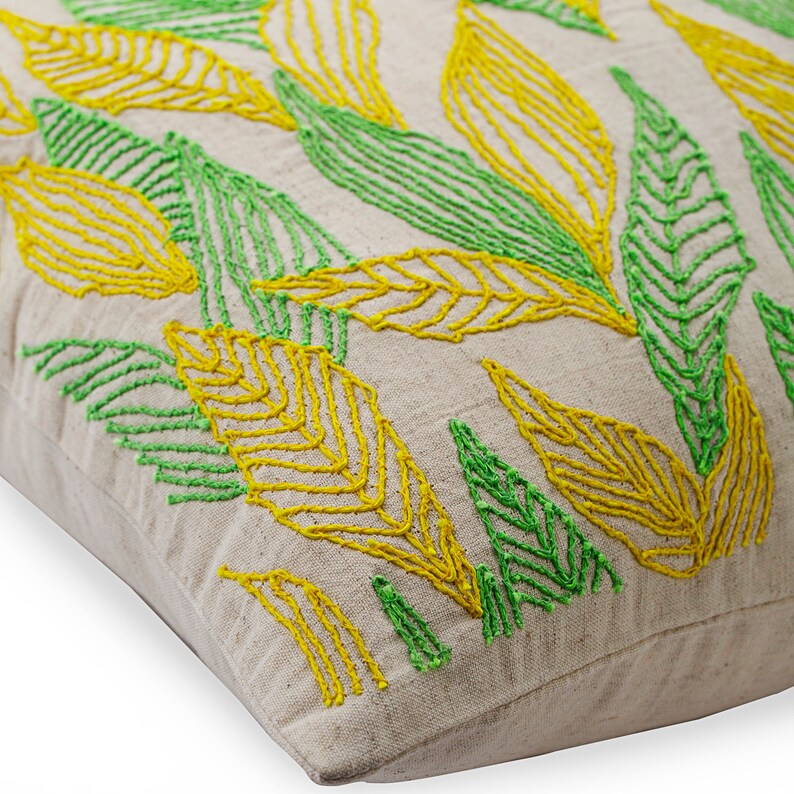 24x24 Cotton Linen Pillow Sham Covers Leaves Change Designer Green Pillow Sham Covers Square Multi Color Jute Leaves Pillows Cover