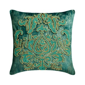 Decorative Teal Gold Throw Pillow Cover 16x16 Inch Velvet Suede Foil Pillow Cover Beaded Damask Pattern Victorian Style - Aureate Teal
