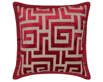 Motif de labyrinthe décoratif Euro Sham 24 « x24 » / 26 « x26 » Coussin en velours rouge profond Euro Sham Cover avec bordure en velours Décoration intérieure moderne - Réseau