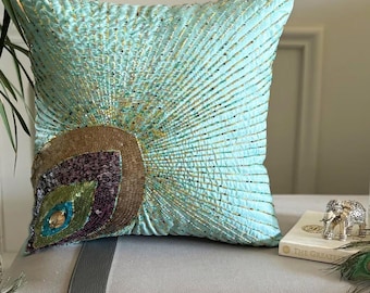 Fodera per cuscino decorativo Art Déco con paillettes grigie ricamate a forma di uccelli, stile pavone - Italia