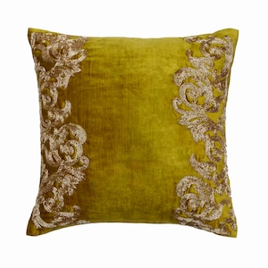 Decorative Velvet Cushion 16&quot;x 16&quot;, Throw Pillow Lemon Grass Velvet with Gold Zardozi  Pillow Cover Classical Home Decor - Gold Mythology