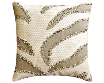 Decorative Pillow Cover 16"x16" Textured Faux Leather Applique on Linen with Sequins Throw Pillow Cover Modern Cushion Cover - Animal Spur