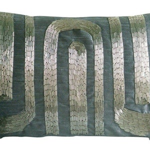 Decorative Oblong / Lumbar Rectangle Throw Pillow Covers Couch Sofa 12x16 Blue Gray Silk Pillows Pipe Embroidered Silver Turns image 2