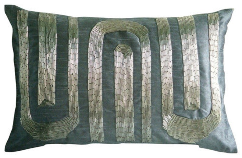 Decorative Oblong / Lumbar Rectangle Throw Pillow Covers Couch Sofa 12x16 Blue Gray Silk Pillows Pipe Embroidered Silver Turns image 2