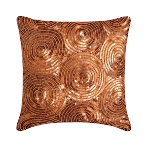 16x16 Designer Copper Throw Cushion Cover, Art Silk Couch Cushion Cover Illusion Throw Pillow Cover Circles Dots Modern Copper Swirls image 1