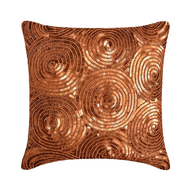 16x16 Designer Copper Throw Cushion Cover, Art Silk Couch Cushion Cover Illusion Throw Pillow Cover Circles Dots Modern Copper Swirls image 1