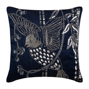 16x16 Luxury Navy Blue Cushion Pillow, Art Silk Cushion Case Pillow Case Cover Birds Pattern Contemporary Home Decor Pillow Birdy Flight image 1