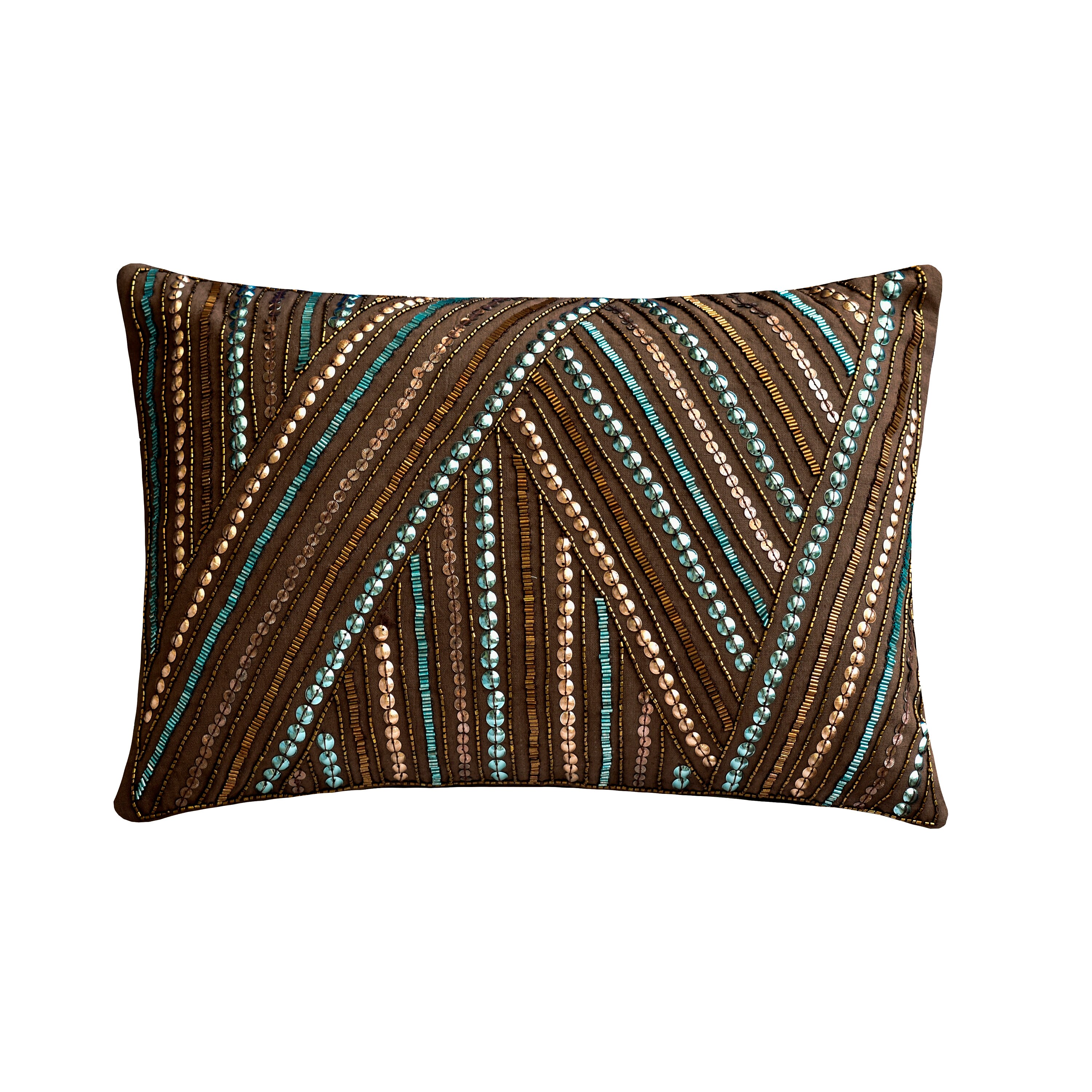 Decorative Oblong / Lumbar Throw Pillow Cover Brown Linen Fabric with Turquoise / Dull Gold Bead & Sequins Embroidery Modern Home - Marilee