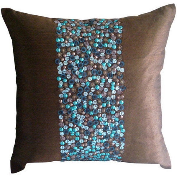 Luxe Marron Jeter Housses De Coussins, 40x40 cm Soie Housses De Coussins, Carré 3D Turquoise Paillettes Coussins Couverture - Cocoa & Turq